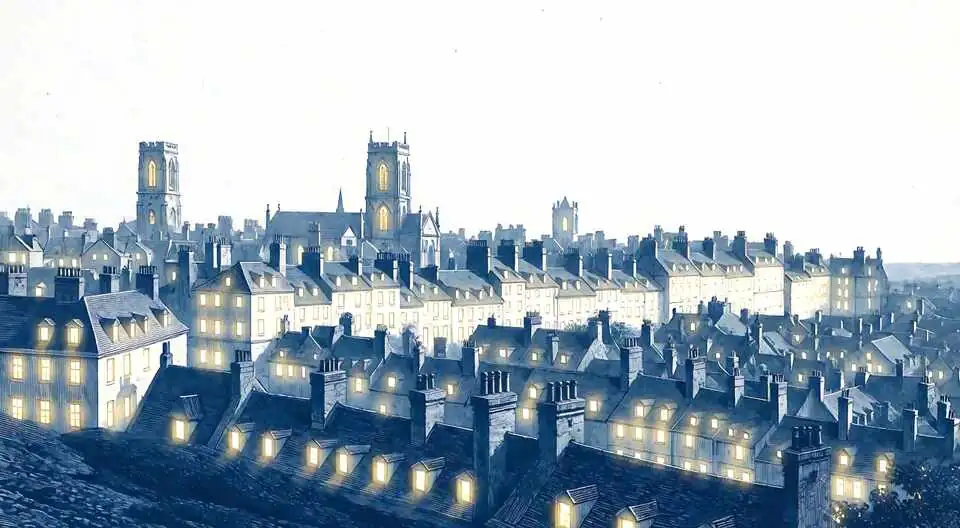 The city at dusk, with its windows lit.