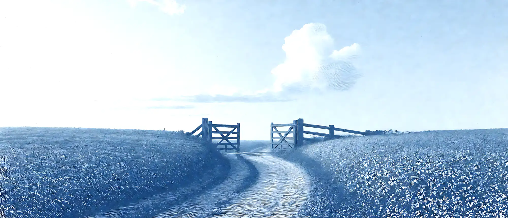 An engraved path leading to an open wooden gate under a wide sky, with fields on both sides.
