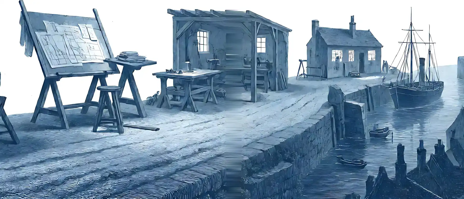 An engraved harbour road with a drafting table of plans, a workshop shed, a house and a moored ship.