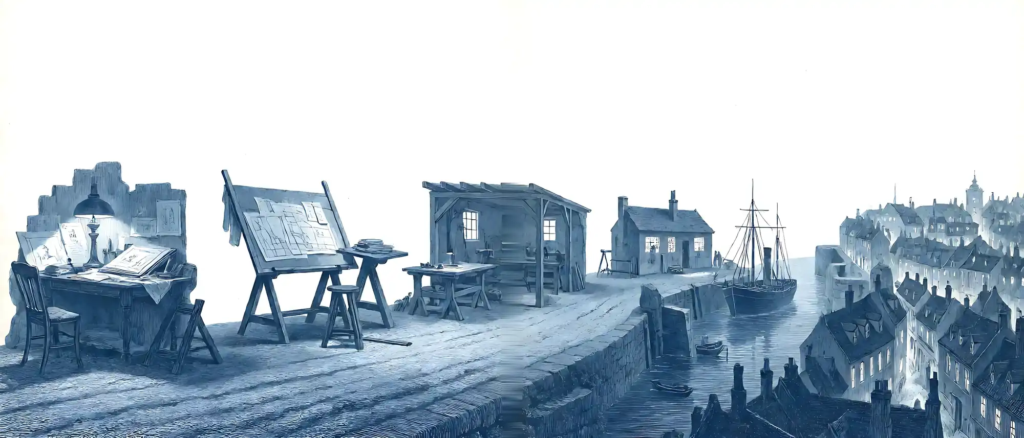 An engraved road runs left to right past five places: a study with sketches, a drafting table with plans, a workshop with benches, a harbour where a ship leaves, and the edge of a lit city.
