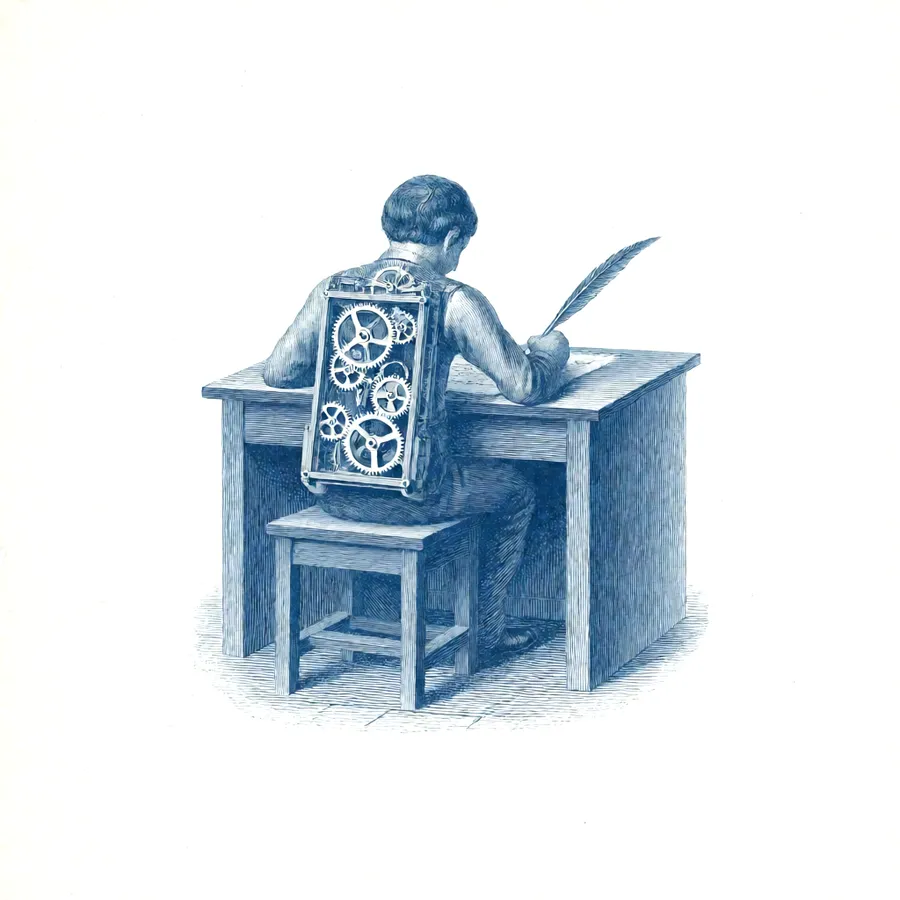 Engraving of a clockwork mechanism with linked gears that drive a row of small levers, on a plain background