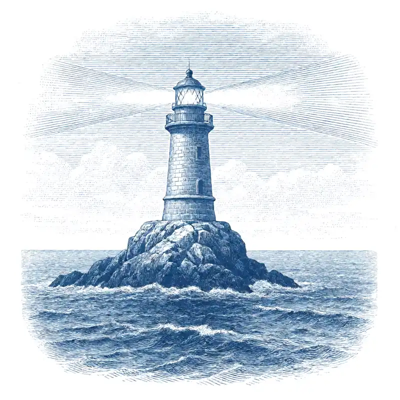 Engraving of a lighthouse with its beam reaching out over the sea, on a plain background