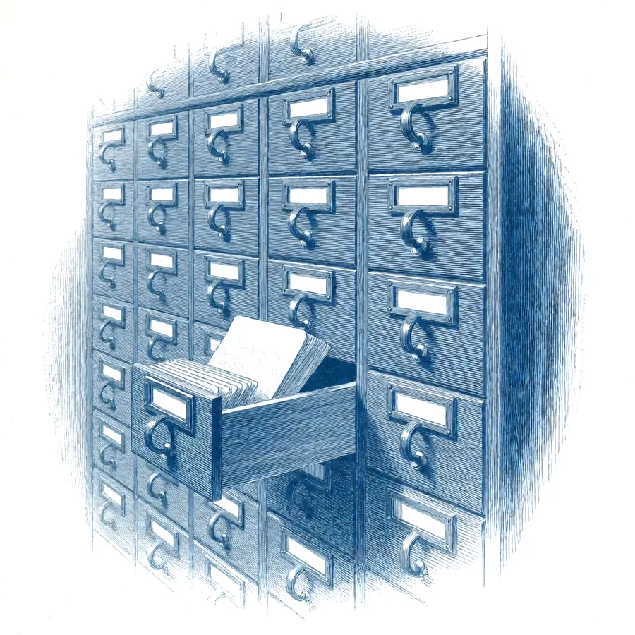 Engraving of a library reading desk with stacked books and an open card index, on a plain background