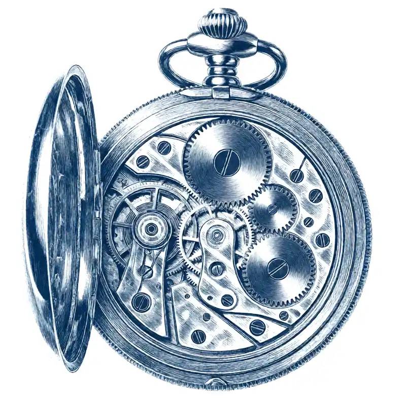 Engraving of an open pocket watch with its gears and balance wheel visible, on a plain background