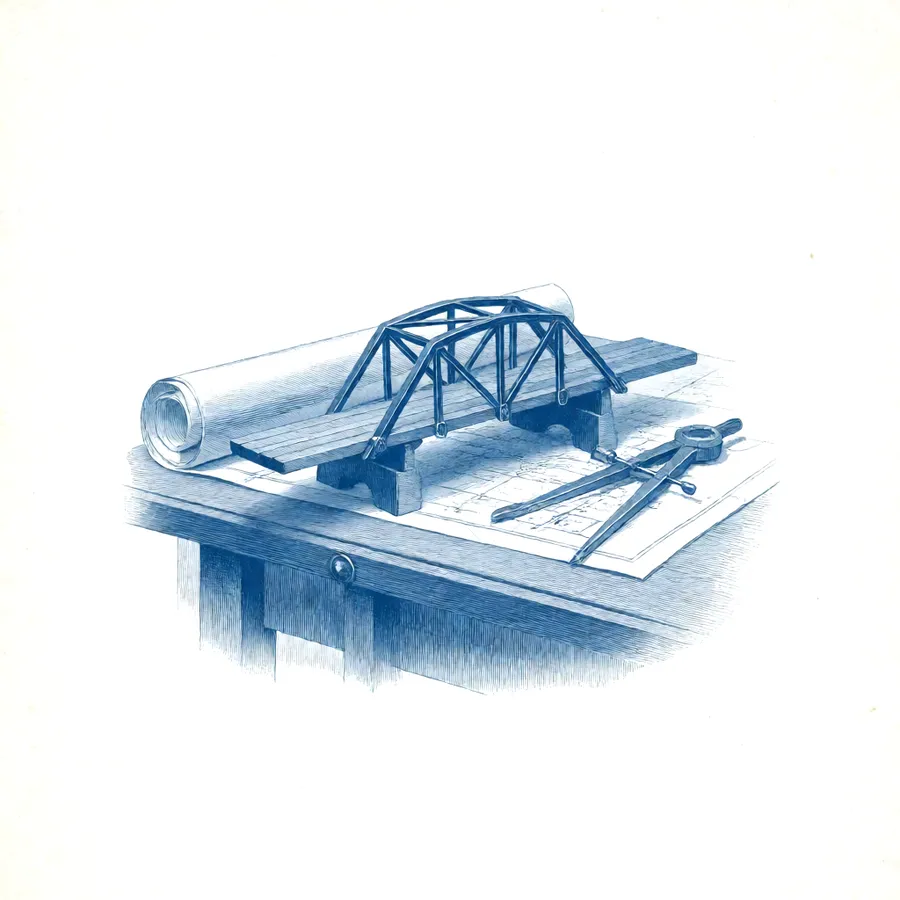 Engraving of a bridge with its first span built and the rest drawn in outline, on a plain background