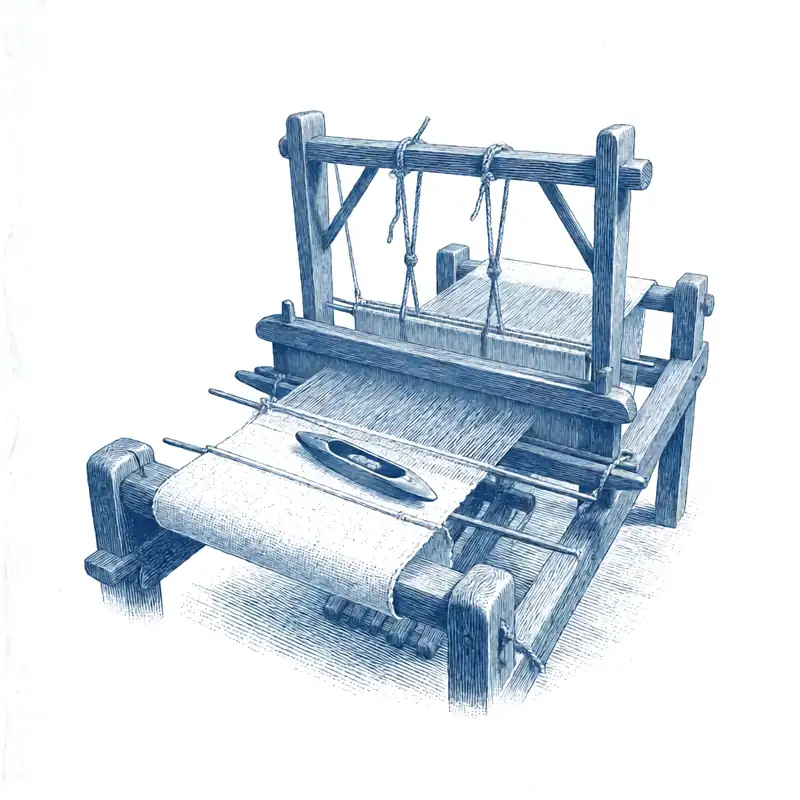 Engraving of a loom weaving cloth, with the warp threads drawn in fine parallel lines, on a plain background