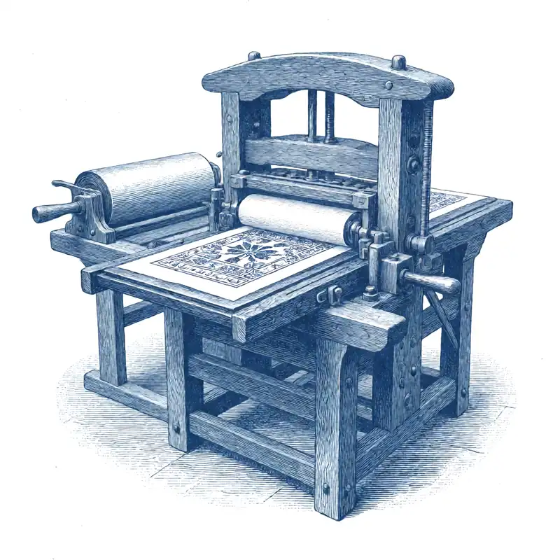 Engraving of a printing press with a fresh printed sheet lifted from the bed, on a plain background