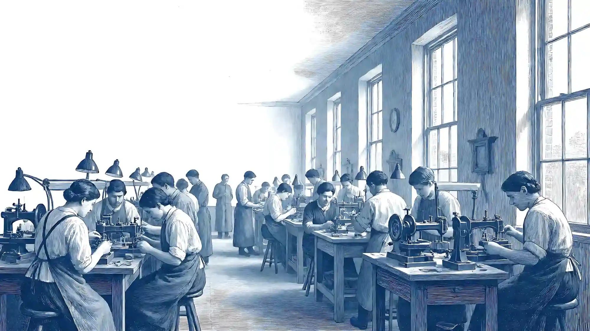 Engineers at benches in a long workshop, building precise machines under tall windows.